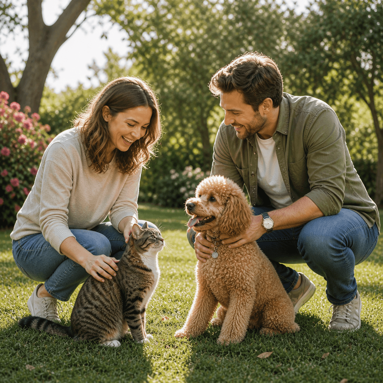 A joyful family laughing and playing with their Golden Retriever in a beautiful sun-drenched backyard